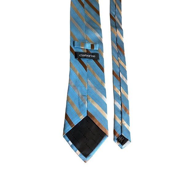 Claiborne Mens Silk Neck Tie Blue Striped Brown Beige Preppy Dad Gift Corpcore - Picture 3 of 5